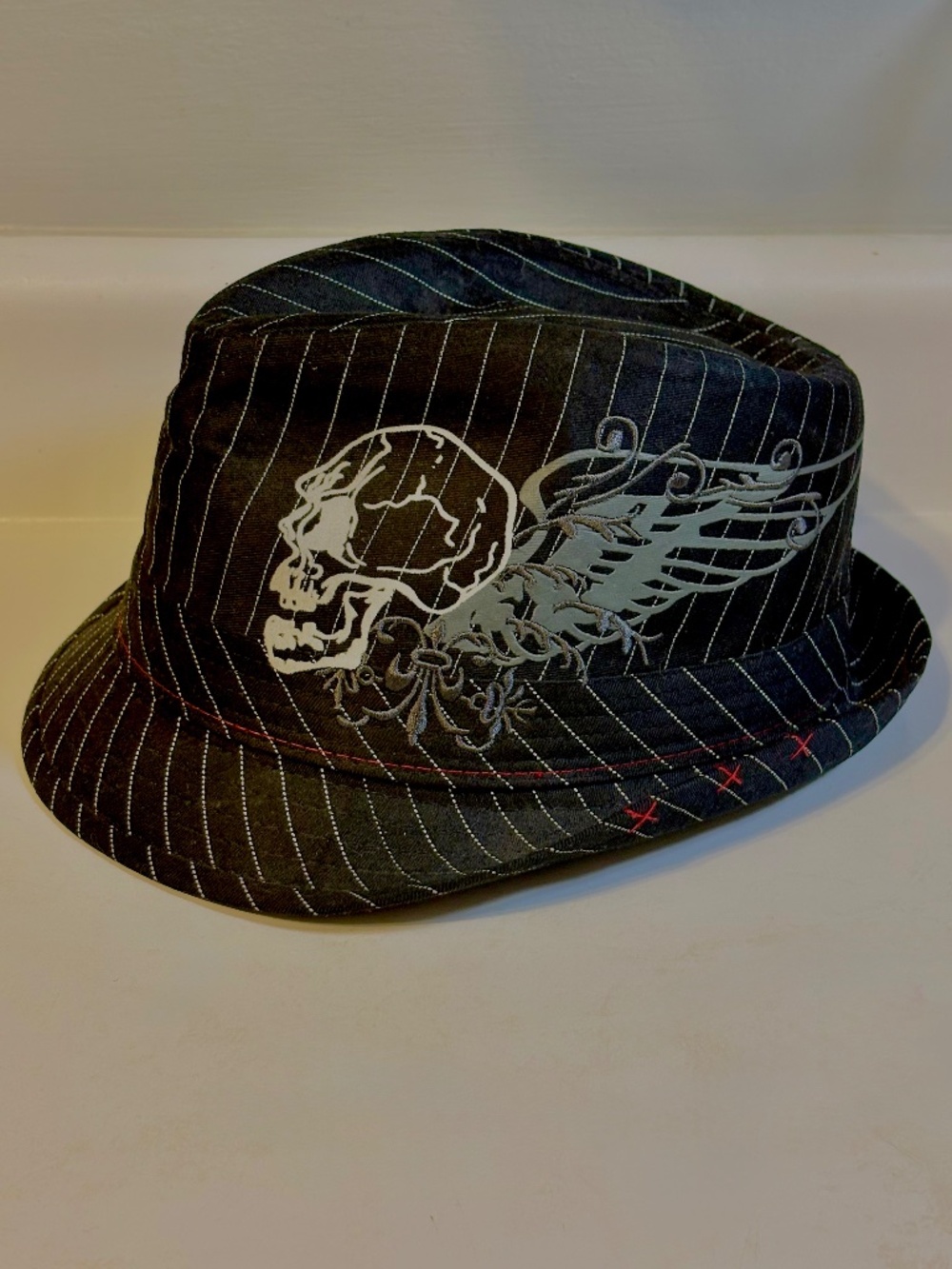 Kenny K Small Brim Fedora Hat Pinstripe Black Winged Skull Goth Steampunk Grunge